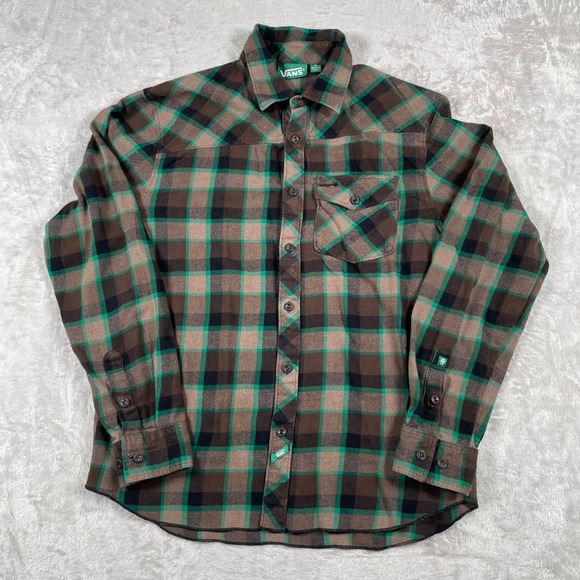 Vans Plaid Flannel Shirt Mens Small Brown Green Long Sleeve Button Up Skate - Picture 1 of 9